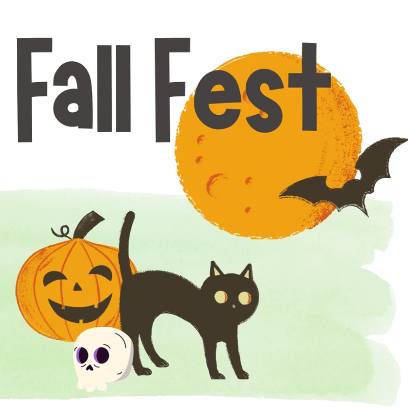 A black cat, a jack-o'-lantern, and a skull sit in the foreground against a background featuring a large orange moon, a flying bat, and the text "Fall Fest."