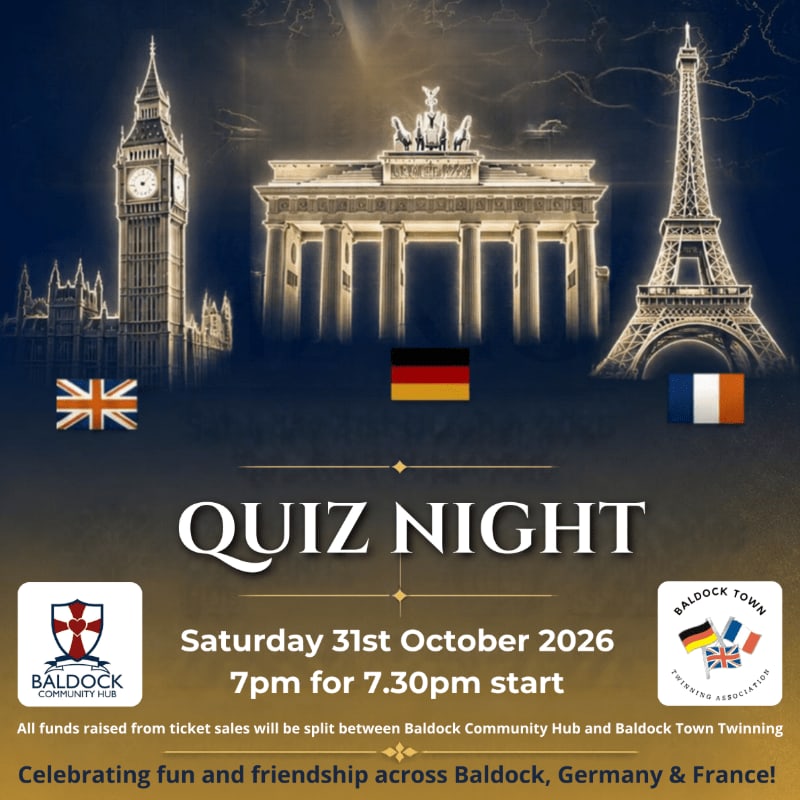 A "Quiz Night" event flyer features the text and logos in the foreground against a dark background showcasing Big Ben, the Brandenburg Gate, and the Eiffel Tower.