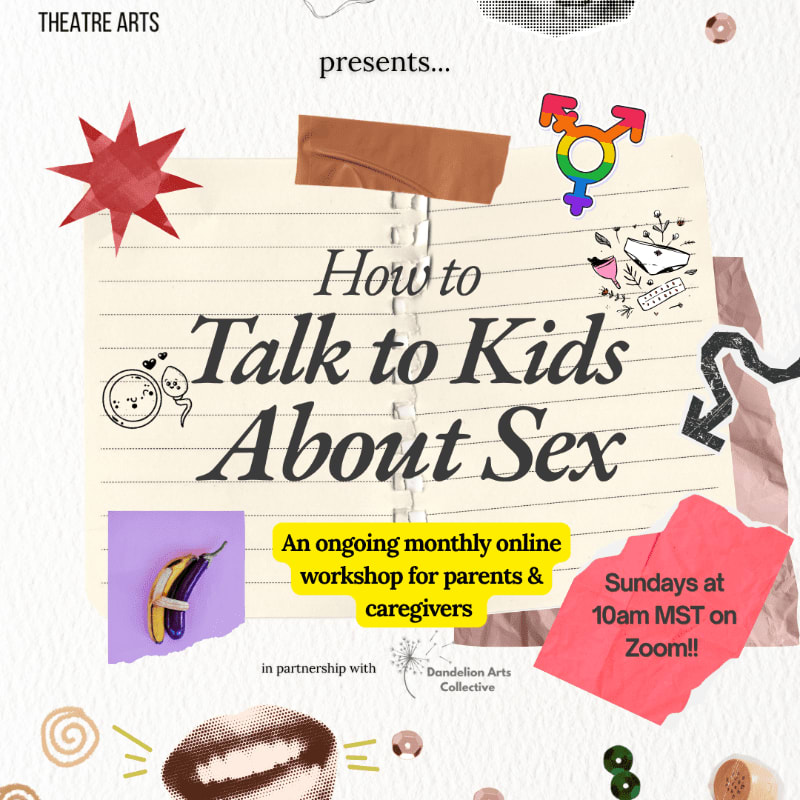 A collage-style graphic advertises an online workshop titled "How to Talk to Kids About Sex," featuring a banana and a mouth in the foreground against a background of paper scraps and colorful icons.