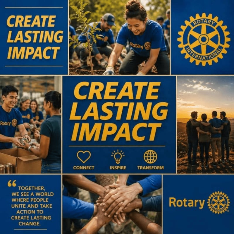 A collage of community service photos and Rotary International branding features volunteers planting trees, distributing food, and standing together at sunset against a blue and yellow background.