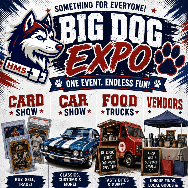 A promotional poster for the "Big Dog Expo" features a husky mascot and event text in the foreground, with images of trading cards, a classic car, a food truck, and a vendor tent in the background.
