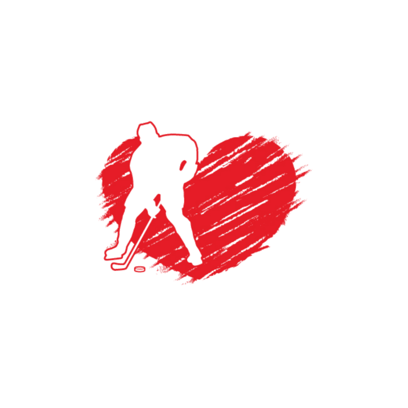 A white silhouette of a hockey player is positioned in front of a large, red, scribbled heart against a white background.