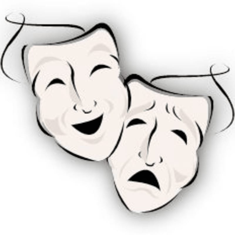 Two comedy and tragedy theater masks are set against a plain white background.