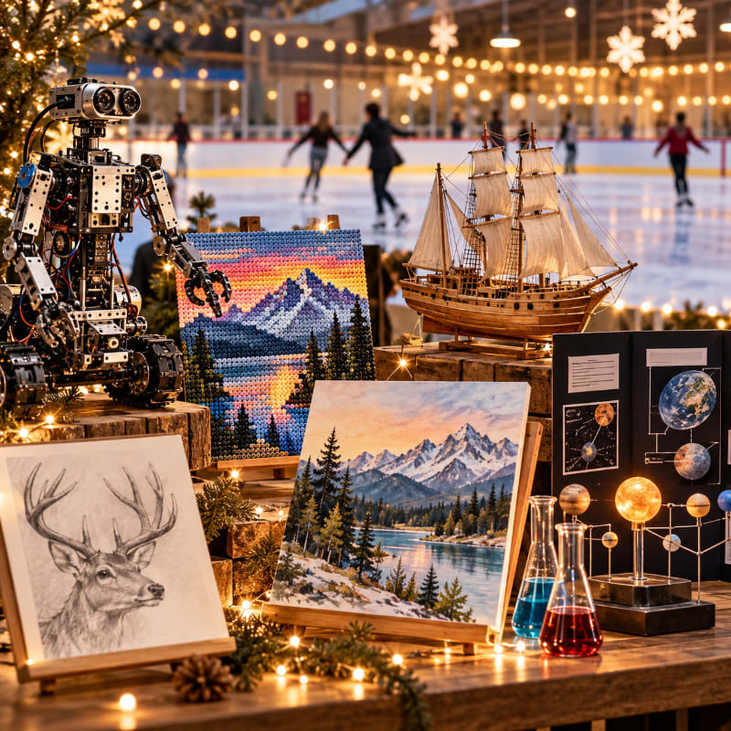 A collection of art and models, including a robot, a ship, and paintings, sits in the foreground against a blurred background of an ice skating rink.