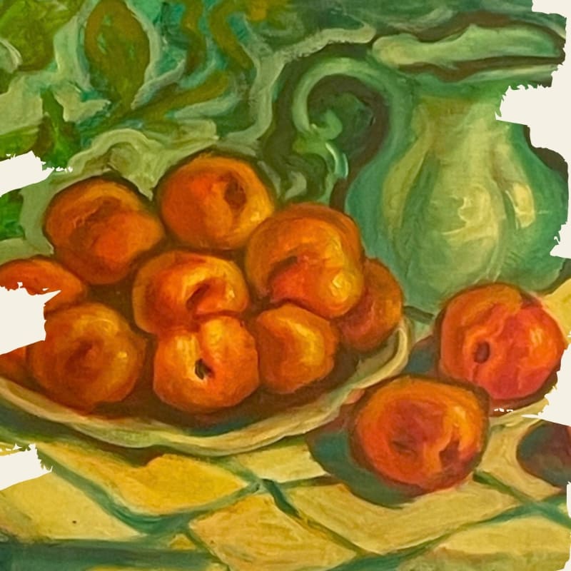 A bowl of orange peaches sits in the foreground against a background of a green pitcher and swirling foliage.