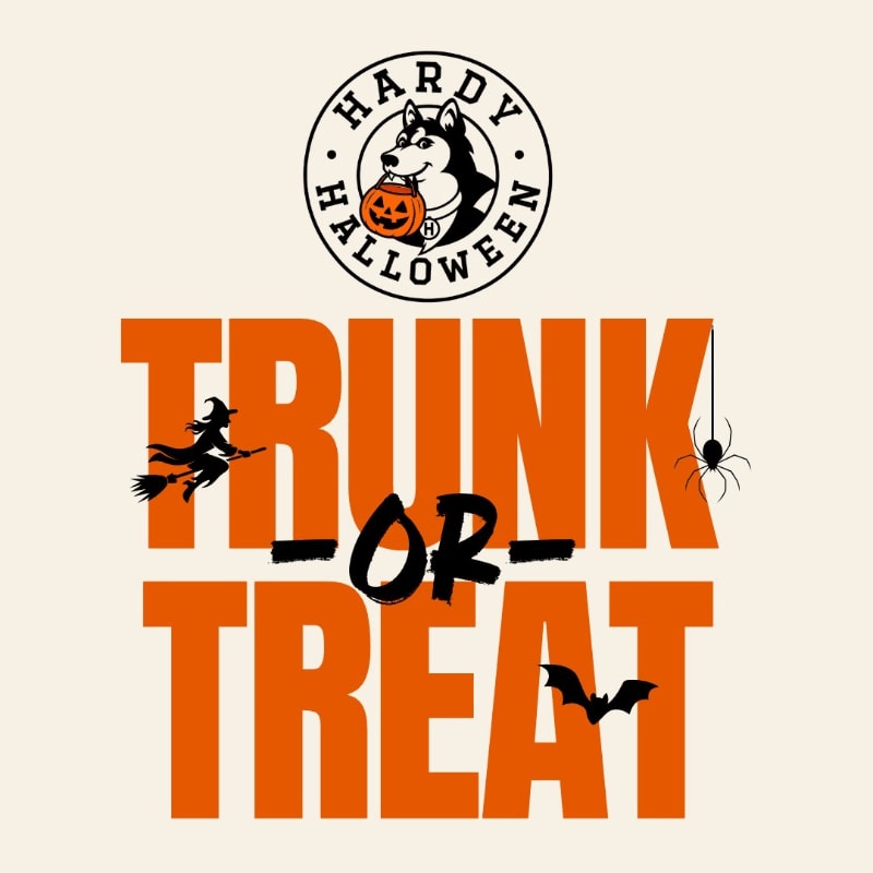 Orange "TRUNK OR TREAT" text with Halloween silhouettes sits in the foreground against a plain cream background with a husky logo at the top.