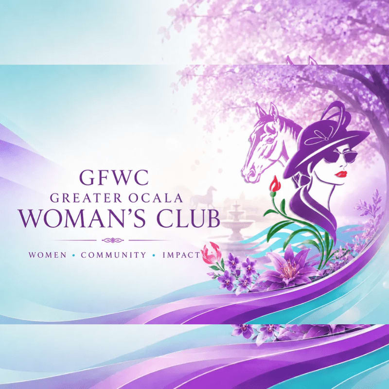 A stylized illustration of a woman in a hat and a horse in the foreground, set against a background of purple blossoms and a soft blue sky with the text "GFWC Greater Ocala Woman's Club."