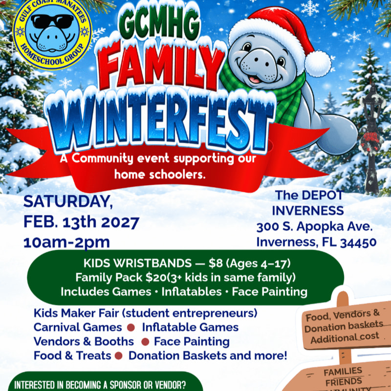 A colorful event flyer for the GCMHG Family Winterfest features a manatee in a Santa hat and scarf in the foreground against a snowy winter landscape background.