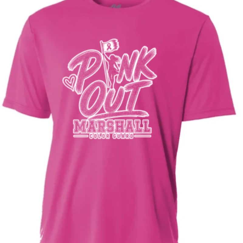 A bright pink t-shirt featuring a white "Pink Out Marshall Color Guard" graphic is set against a plain white background.