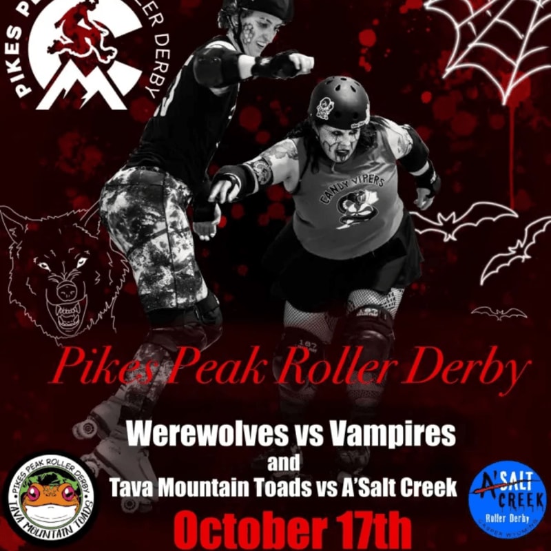 Two roller derby players compete in the foreground against a dark red background featuring a spiderweb, bats, and a wolf.