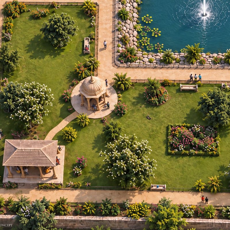 A manicured garden with a small gazebo and a pavilion sits in the foreground, while a blue pond with a fountain and lily pads fills the background.