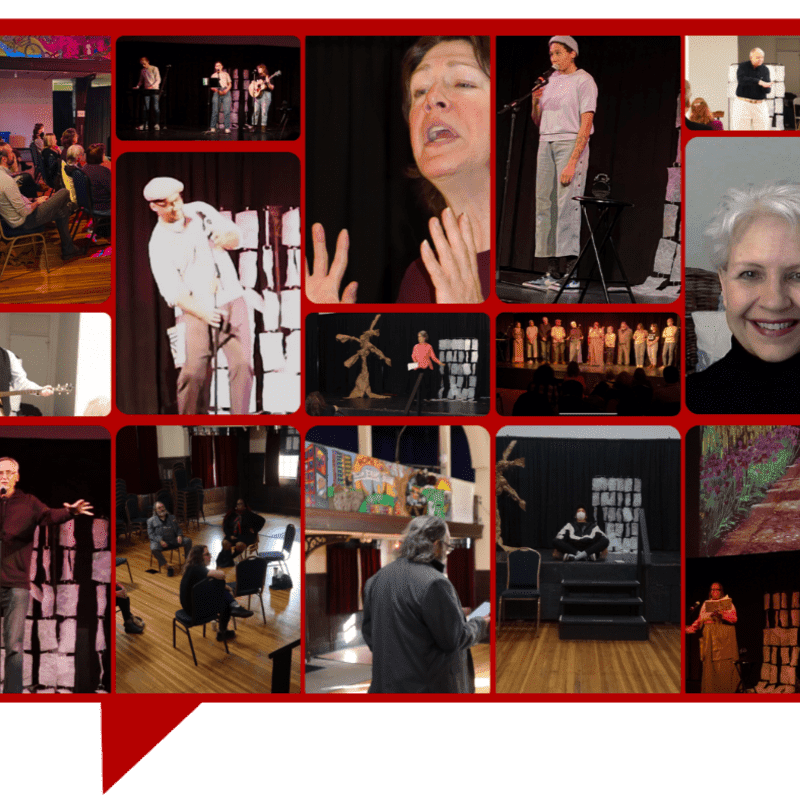 A collage of various performance photos features actors and musicians in the foreground against theatrical stage backgrounds.