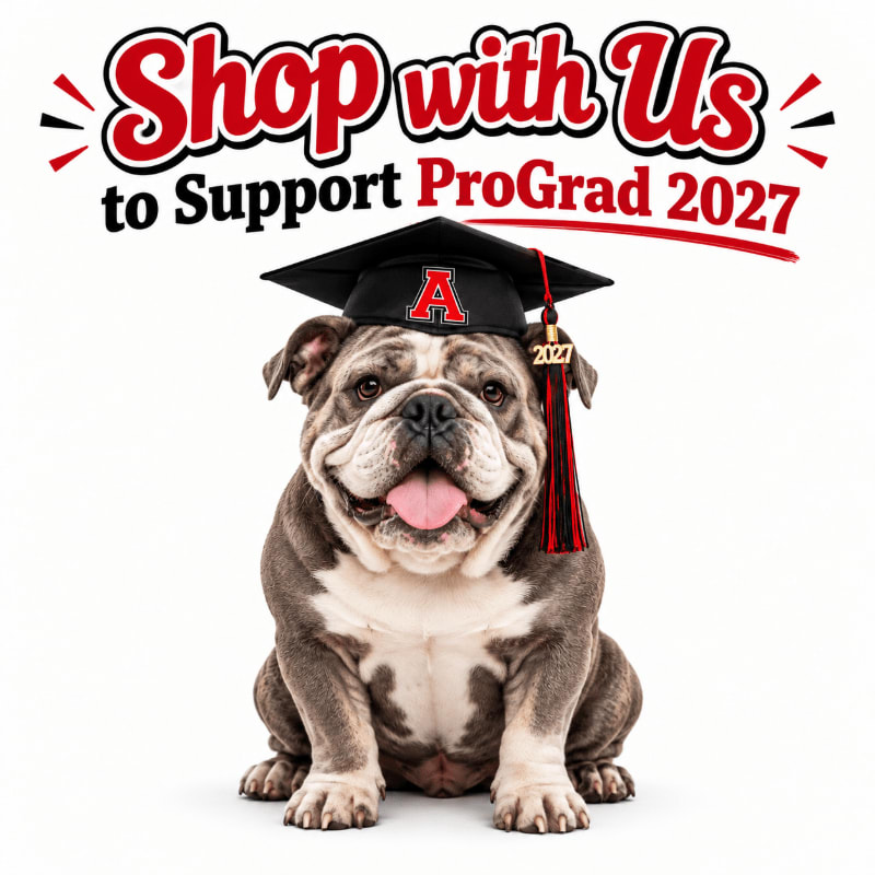 An English Bulldog wearing a graduation cap sits in the foreground against a plain white background with promotional text above it.