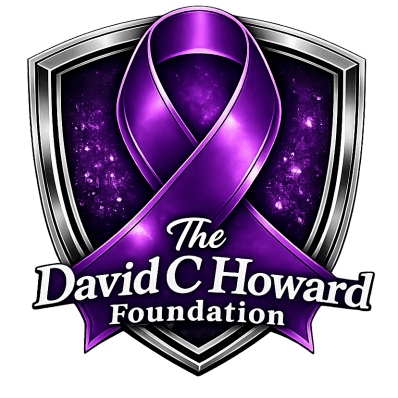 A purple awareness ribbon and the text "The David C Howard Foundation" are set against a shimmering purple background within a silver shield border.