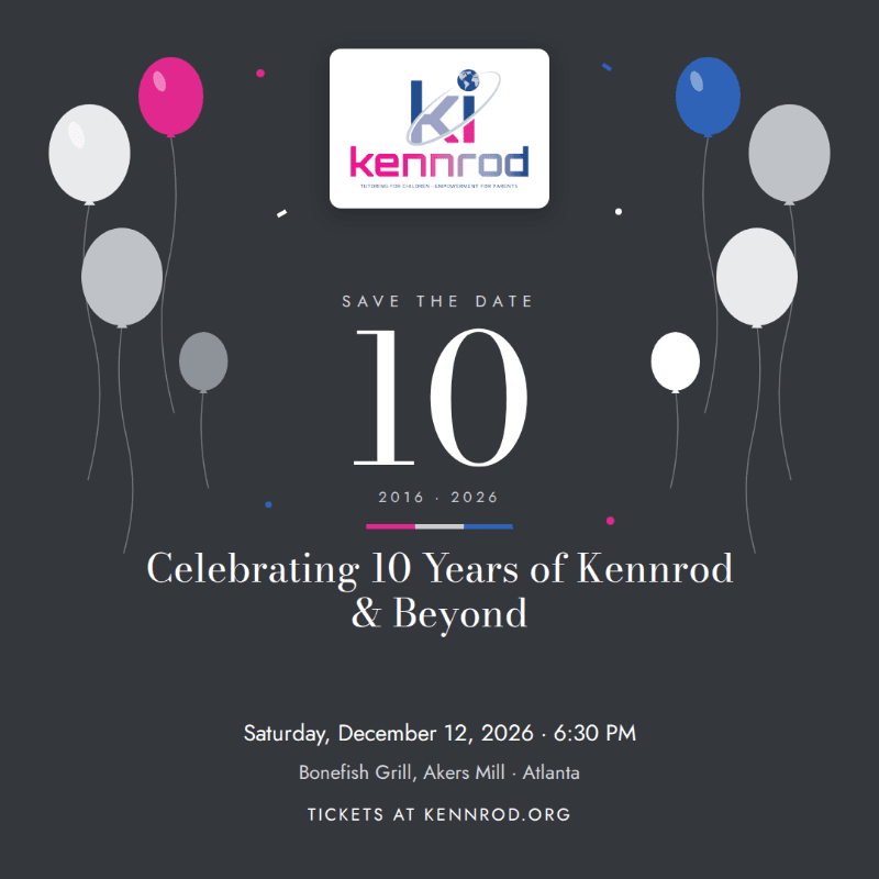 A celebratory event announcement for "10 Years of Kennrod" features white and colorful balloons in the foreground against a dark gray background.