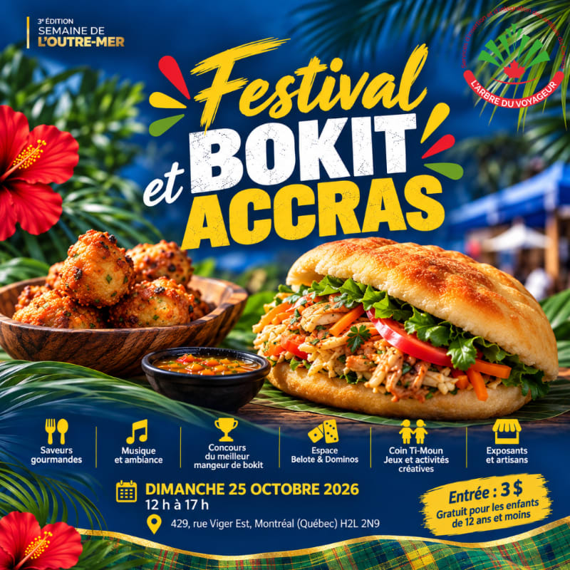 A bowl of accras and a bokit sandwich sit in the foreground against a tropical background with palm leaves and event text.