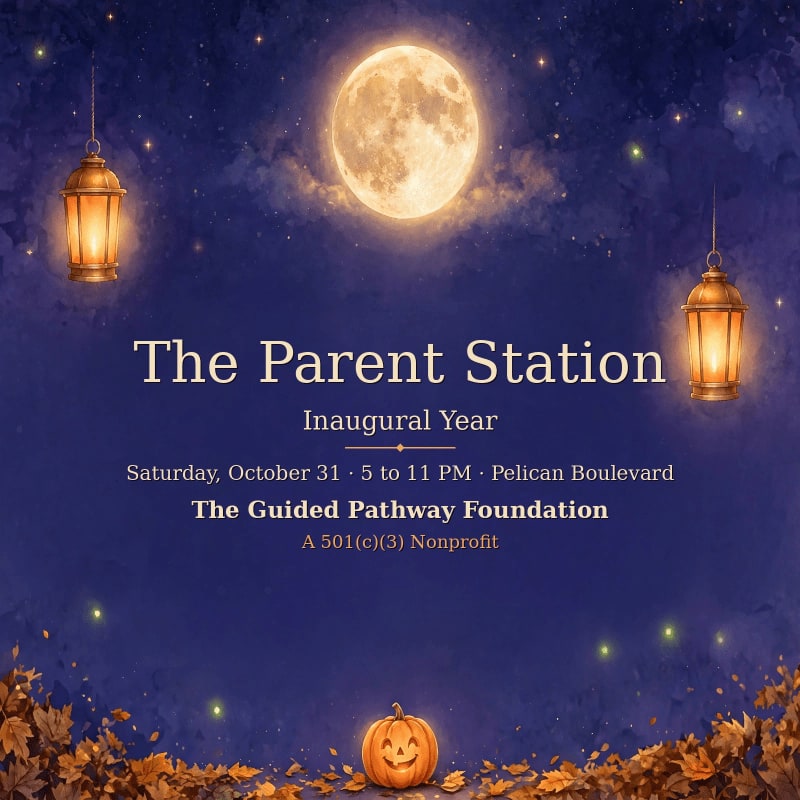 Text for "The Parent Station" event is centered over a night sky with a full moon and lanterns, while a carved pumpkin sits among autumn leaves in the foreground.