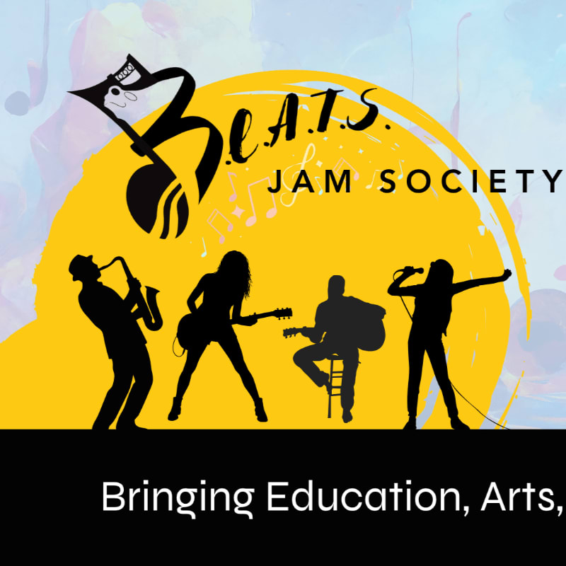 Silhouetted musicians perform against a large yellow circle and a light blue artistic background.