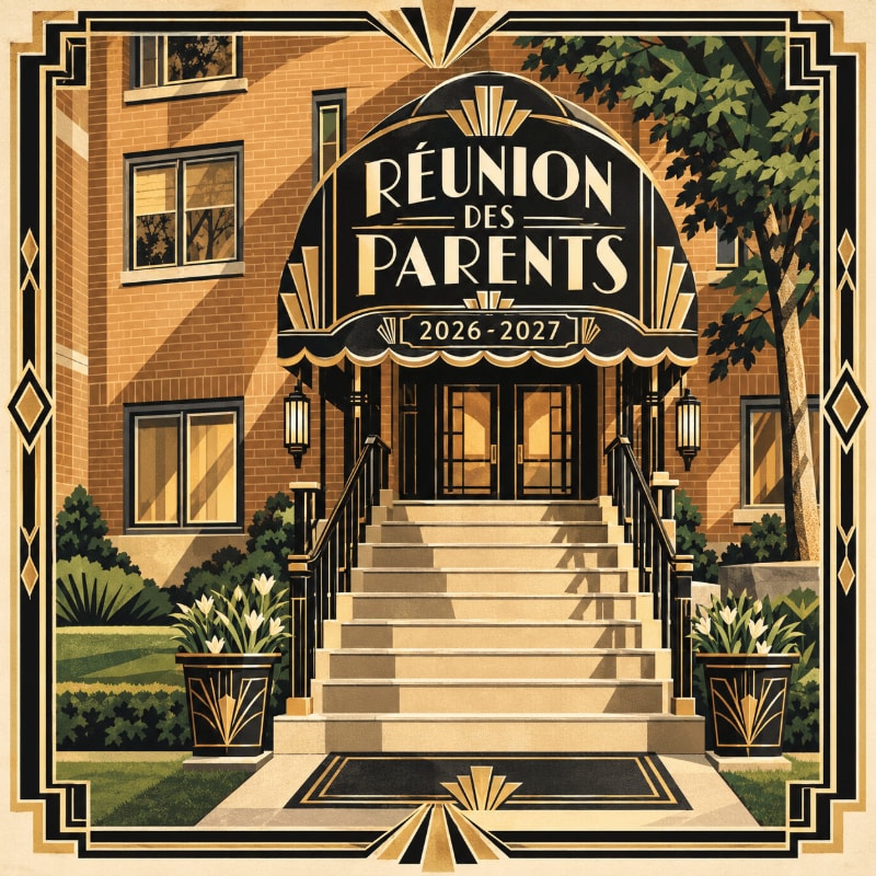 A set of stairs leads up to a building entrance with a large "Réunion des Parents" awning, framed by potted flowers in the foreground and a brick facade with a tree in the background.