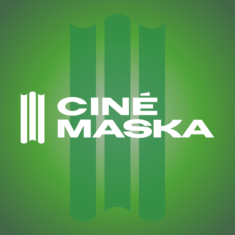 White text reading "CINÉ MASKA" and a small film strip icon sit in the foreground against a green gradient background with vertical stripes.