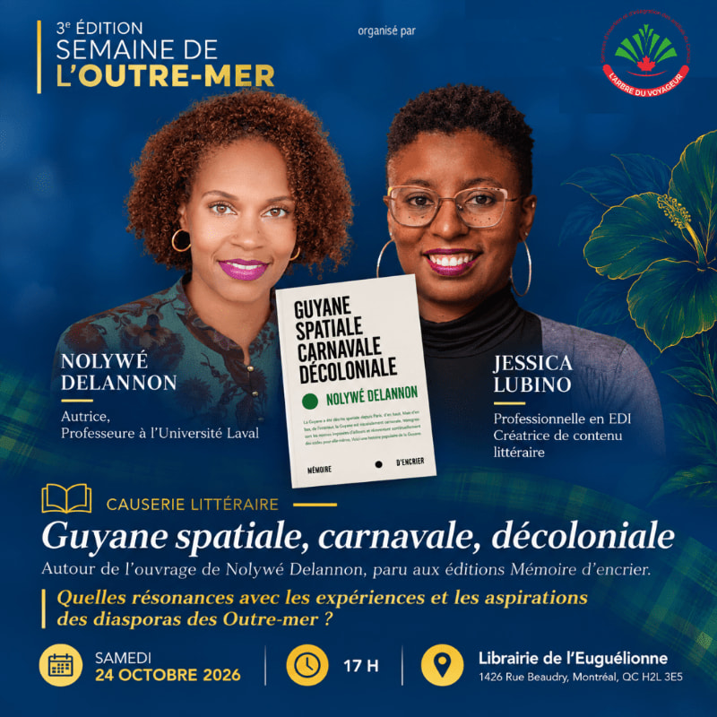 Two women stand in the foreground beside a book cover against a blue background featuring tropical leaves and event text.