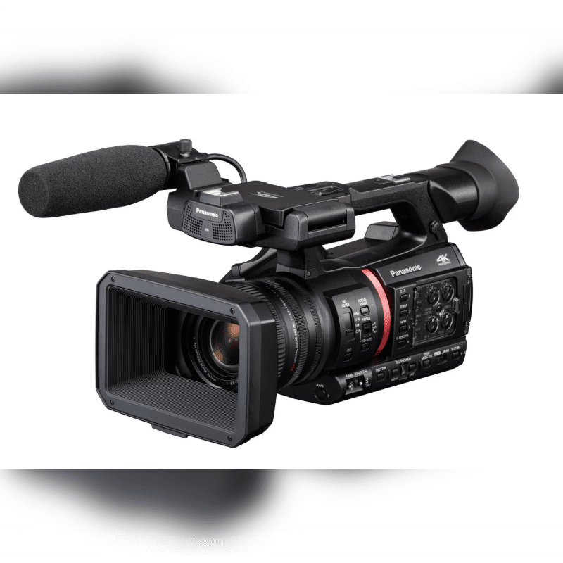A professional black Panasonic 4K camcorder is centered against a plain white background.
