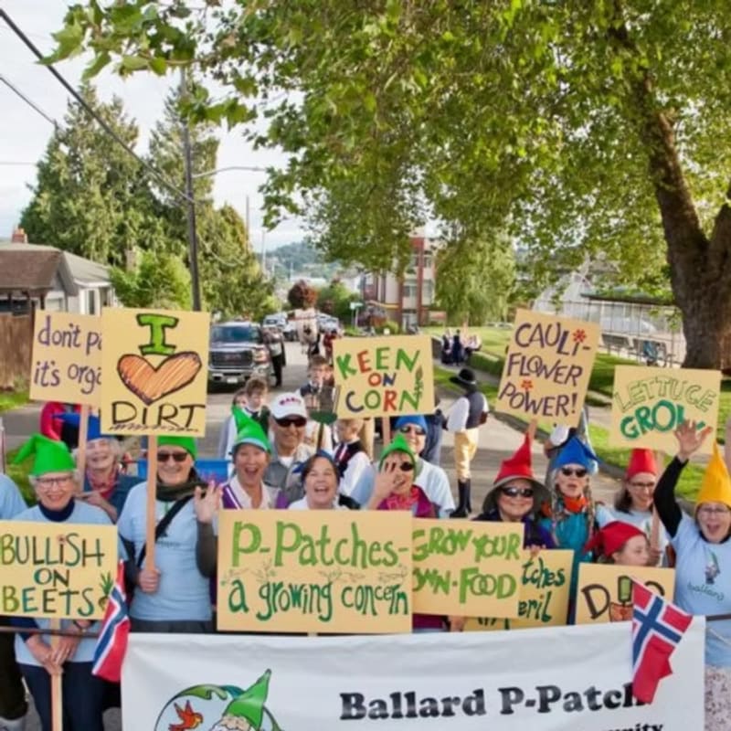 A group of people wearing garden hats and carrying vegetable-themed signs march down a residential street lined with green trees and houses.