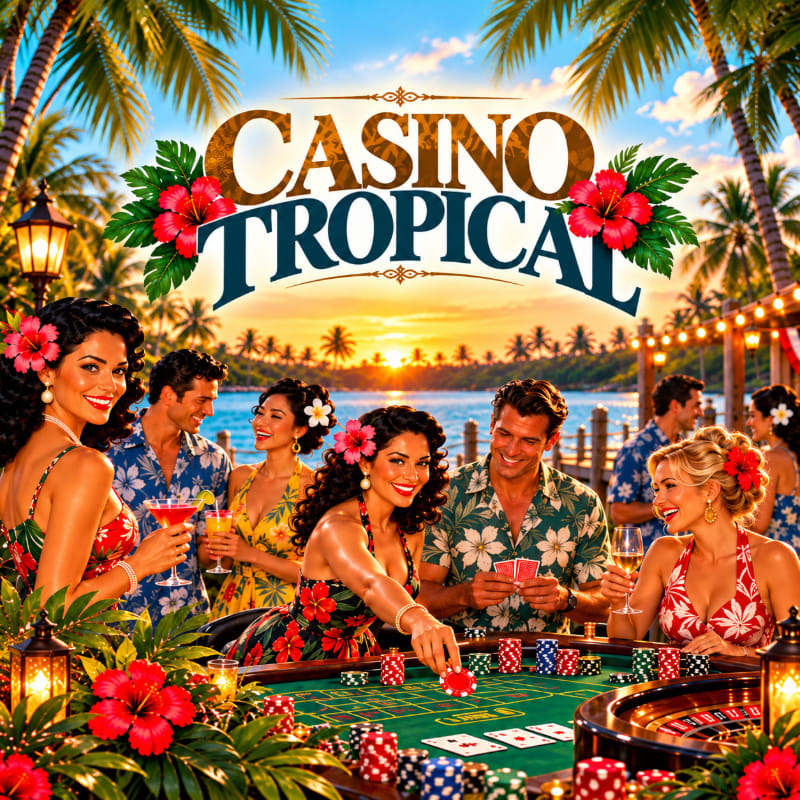 A group of glamorous people gamble at a casino table in the foreground, set against a tropical beach sunset with palm trees and the words "CASINO TROPICAL" overhead.