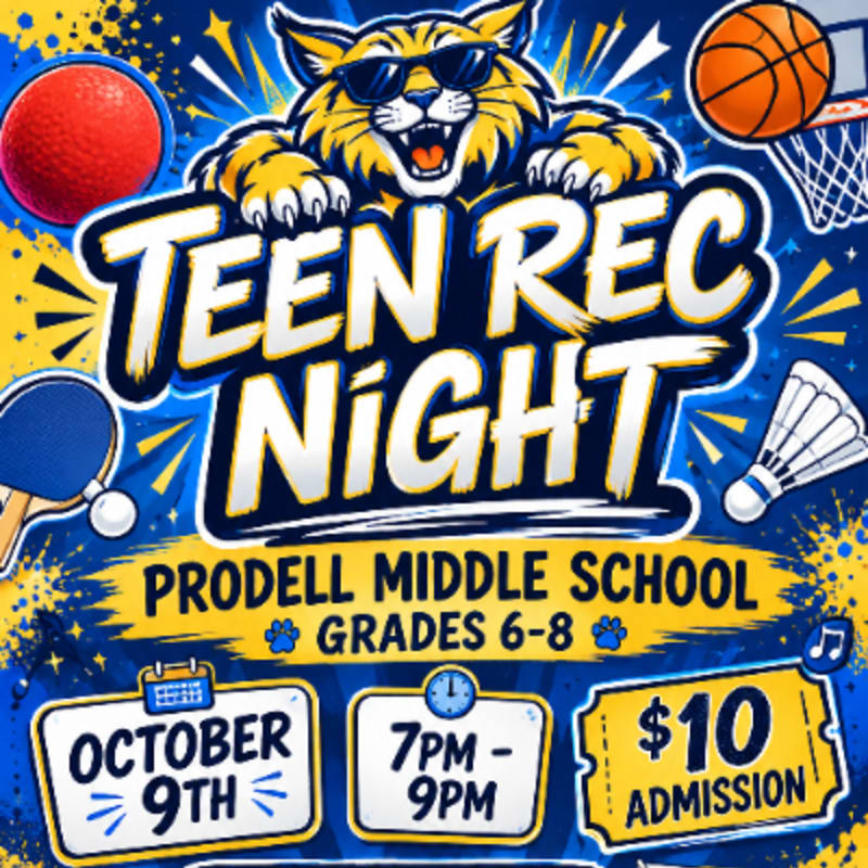 A bold "Teen Rec Night" announcement featuring a cool tiger in sunglasses and various sports equipment set against a vibrant blue and yellow explosive background.