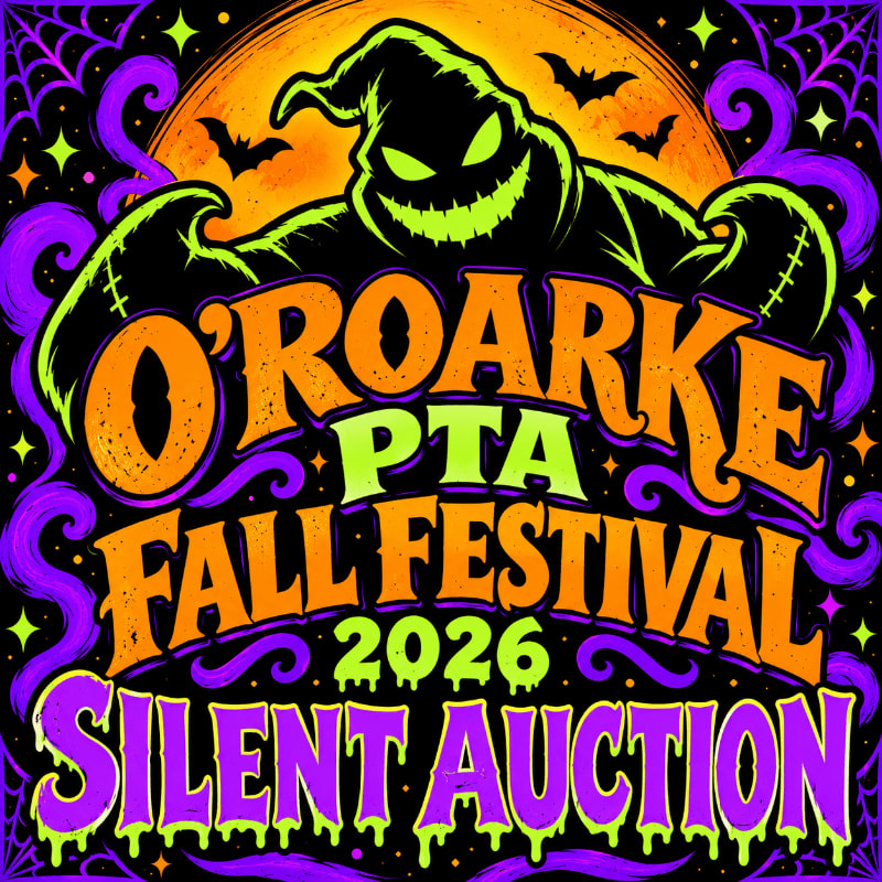 A grinning green monster looms over colorful, stylized text for the O'Roarke PTA Fall Festival 2026 Silent Auction against a backdrop of a large orange moon and purple swirls.