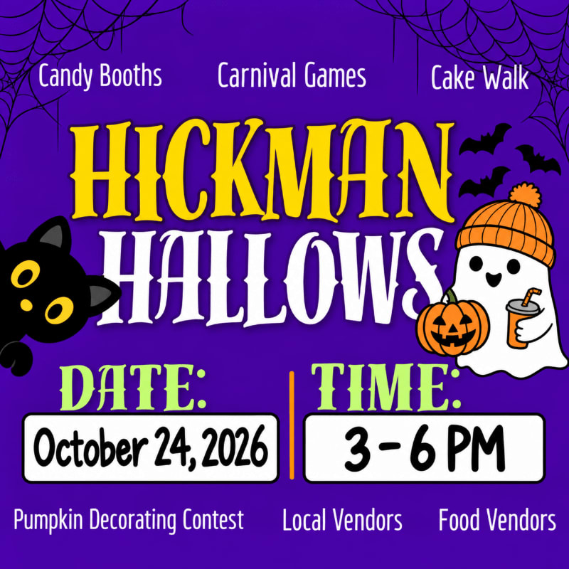 A Halloween event flyer featuring a ghost, cat, and pumpkin in the foreground against a purple background with spiderwebs and bats.