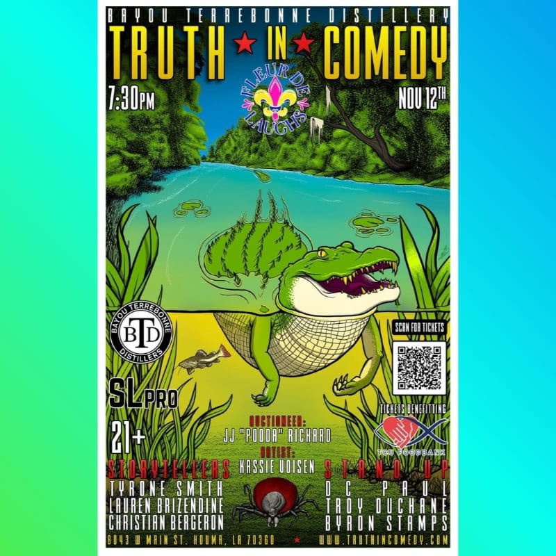A green alligator stands in the foreground of a swampy landscape with a river and lush trees in the background, all framed by colorful event text and graphics.