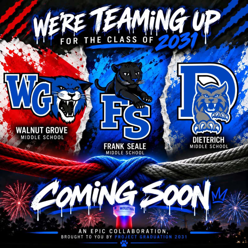 Three middle school logos and names are displayed across a torn background of red, blue, and white, with a braided rope and fireworks in the foreground and background.