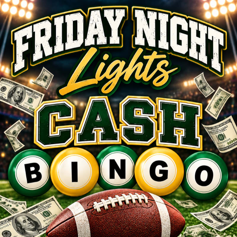 A football and bingo balls sit in the foreground with floating cash, set against a background of a crowded stadium under bright lights with "FRIDAY NIGHT Lights CASH BINGO" text.