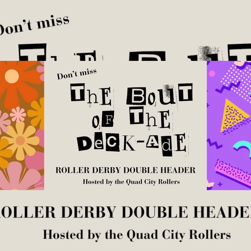 A promotional flyer for a roller derby double header titled "The Bout of the Deck-Ade" is centered between colorful 60s and 80s patterned side panels against a neutral background.