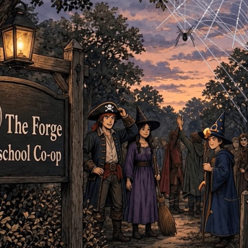 Children dressed as a pirate, witches, and other costumes stand before a sign for "The Forge School Co-op" under a twilight sky featuring a giant spider web.