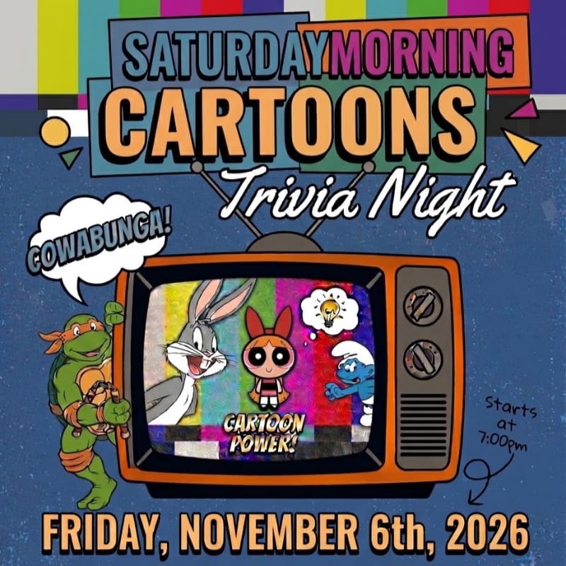 A Teenage Mutant Ninja Turtle stands beside an old television displaying various cartoon characters, set against a colorful background with "Saturday Morning Cartoons Trivia Night" text.