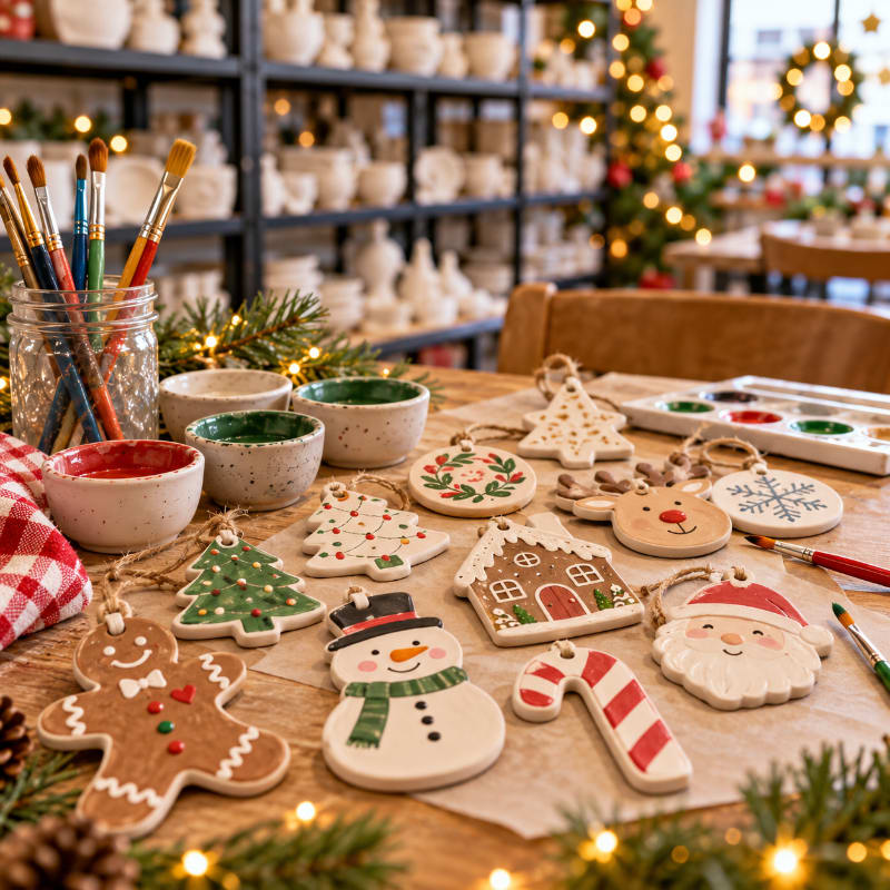 Hand-painted ceramic Christmas ornaments and painting supplies sit on a wooden table in a studio filled with pottery shelves and a glowing holiday tree.