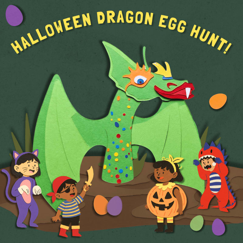 Children in costumes search for colorful eggs around a large green dragon against a dark green background.