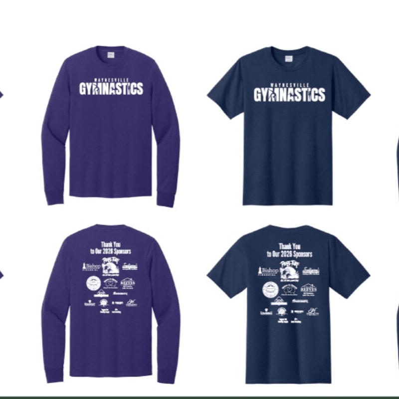 Four purple and navy blue gymnastics t-shirts with white text are displayed against a plain white background.