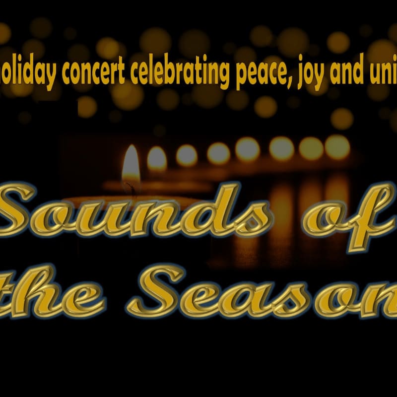 Golden 3D text reading "Sounds of the Season" sits in the foreground against a dark background featuring a row of glowing candles and soft bokeh lights.