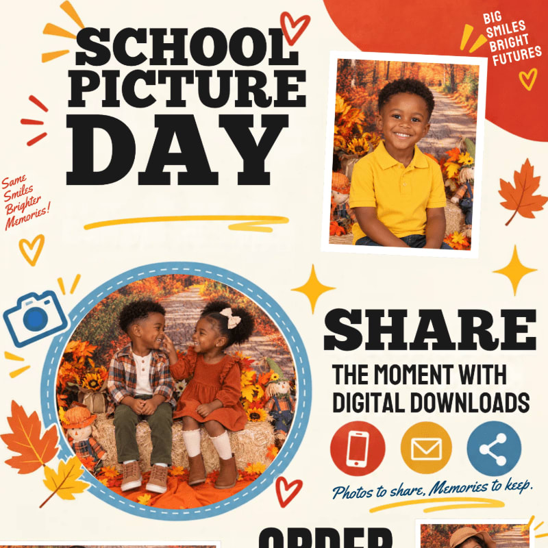 A colorful promotional flyer for School Picture Day features photos of smiling children in autumn settings against a white and red background with decorative graphics.