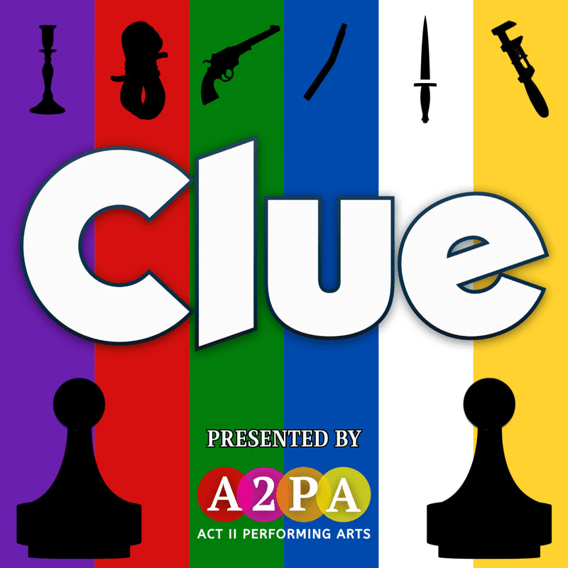 The word "Clue" and two black game pawns sit in the foreground against a background of colorful vertical stripes topped with silhouettes of various weapons.