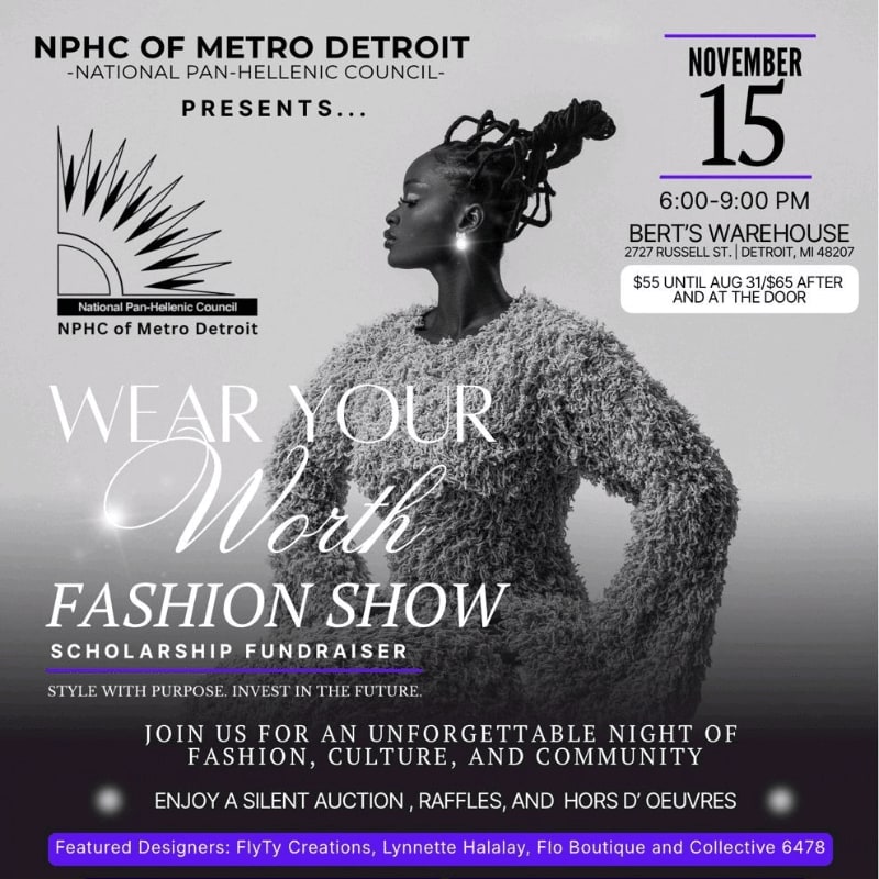 A woman in a textured grey sweater stands in the foreground against a light grey background featuring event details for a fashion show fundraiser.