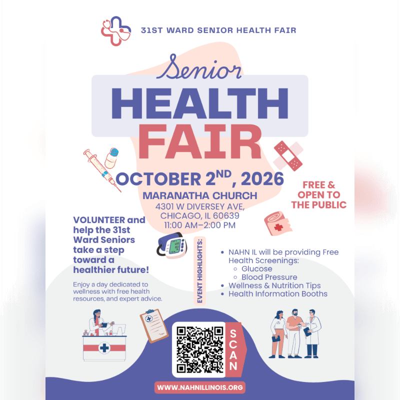 A promotional flyer for the 31st Ward Senior Health Fair features bold blue and red text in the center, surrounded by medical illustrations and event details against a white and purple background.