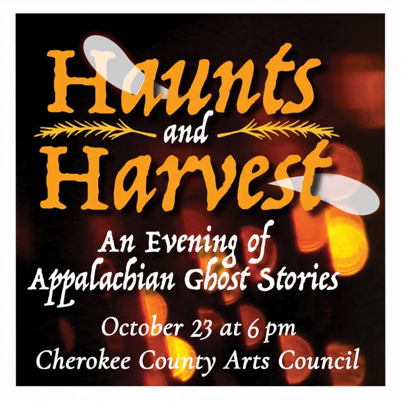 Orange and white event text for "Haunts and Harvest" is layered over a dark background with warm, blurred bokeh lights.