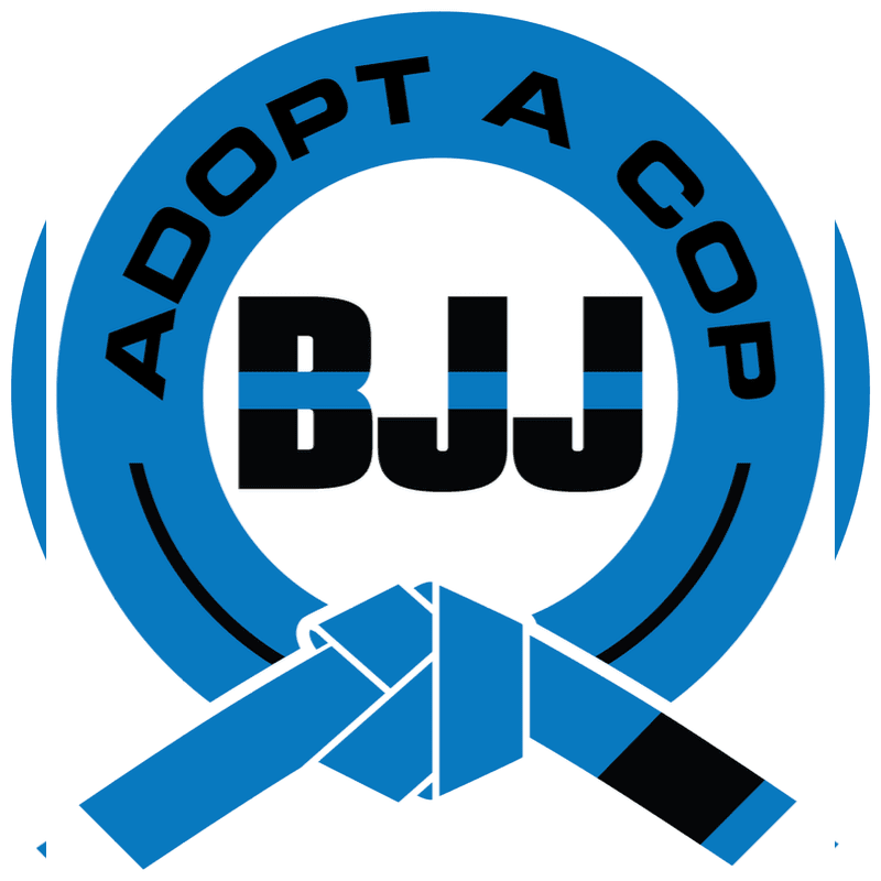 A blue and black logo featuring the text "ADOPT A COP" and "BJJ" with a tied martial arts belt in the foreground against a plain white background.