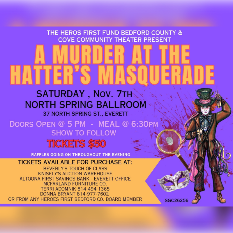 A colorful event flyer for "A Murder at the Hatter's Masquerade" features bold yellow text in the foreground and a whimsical illustration of the Mad Hatter against a purple gradient background.