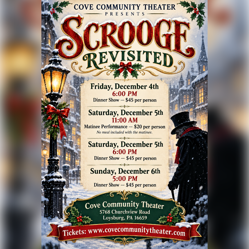 A promotional poster for "Scrooge Revisited" features a lit street lamp and a man in a top hat in the foreground against a snowy, Victorian-style village background.