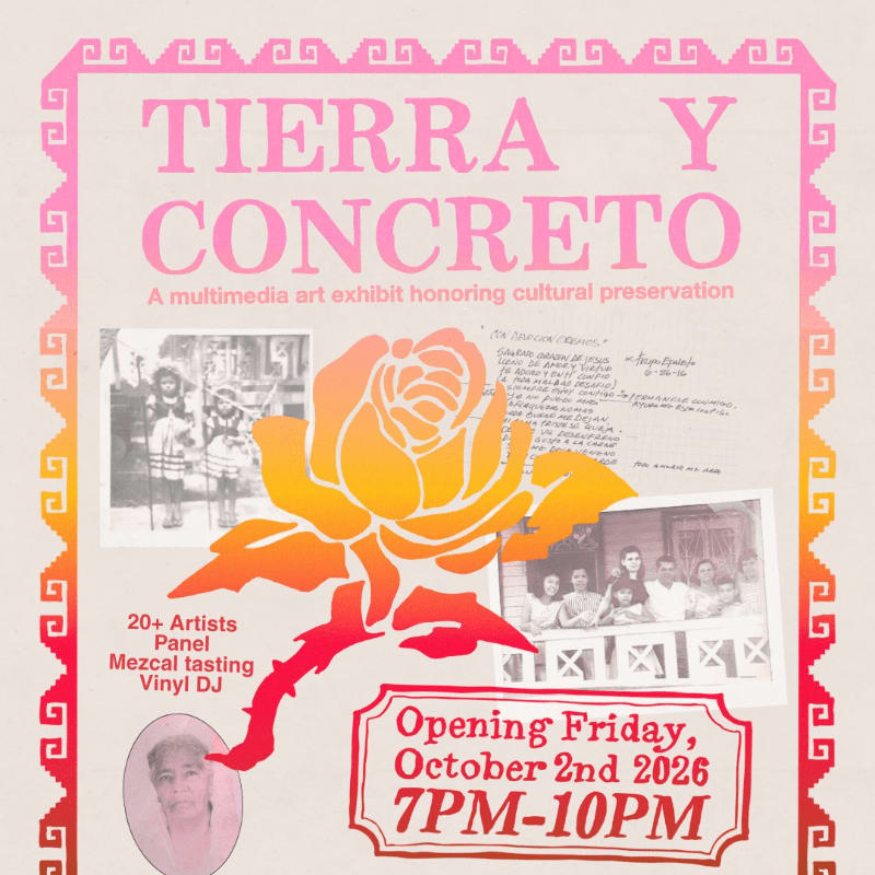 A stylized orange and red rose and event details sit in the foreground against a light pink background featuring vintage photographs, handwritten text, and a decorative red border.